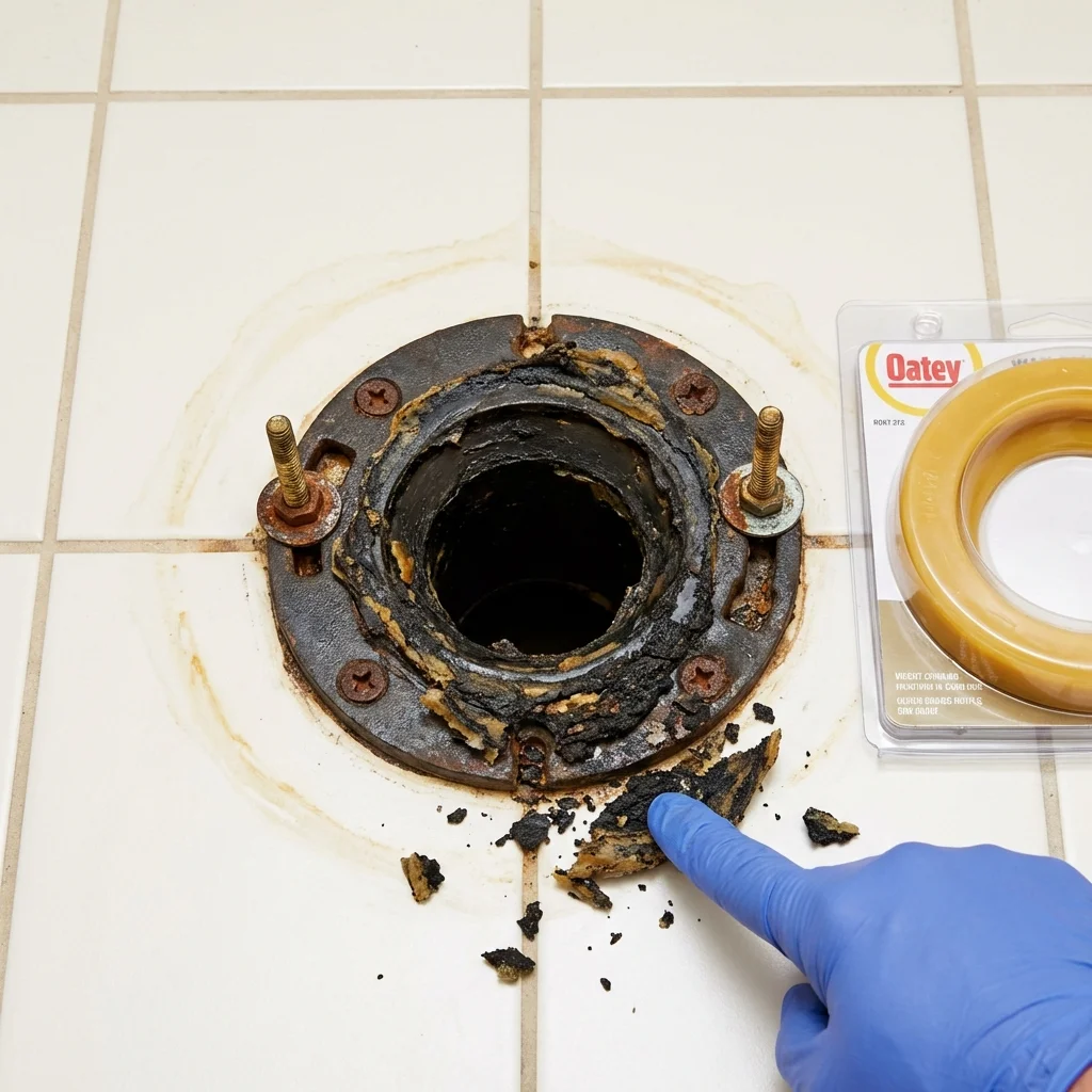 Failed wax ring showing water seepage at the base of a toilet in a Blaine, WA home