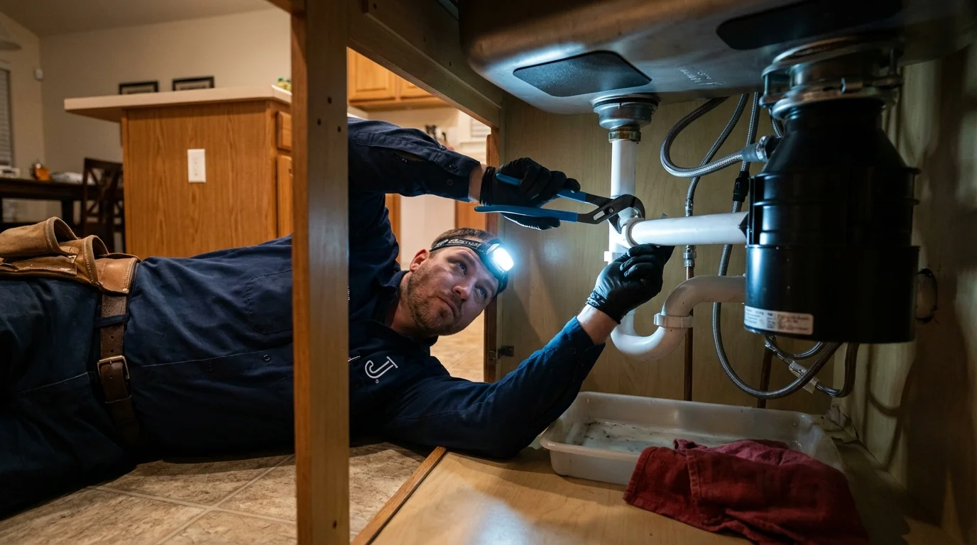 P-trap and supply line connections under a kitchen sink showing a common leak point in Blaine, WA